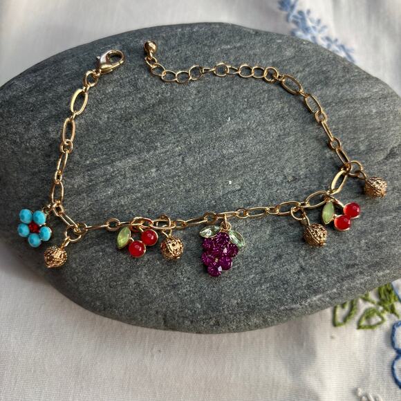 Fruity Charm Bracelet Rhinestones Enamel on Gold Paperclip Chain Dainty NEW Cute - Picture 2 of 7